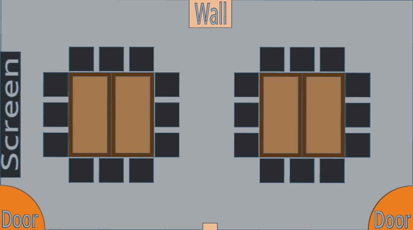 Two tables pushed together and chairs surrounding the tables. Wall open between rooms.