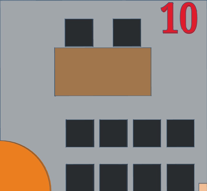 Audience of Chairs with a table and Chair for Presenter.  Max Occupancy 10