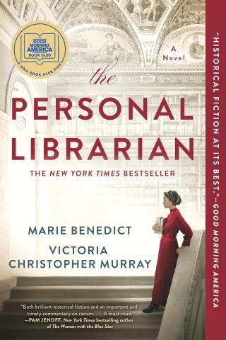 book cover featuring woman in a library