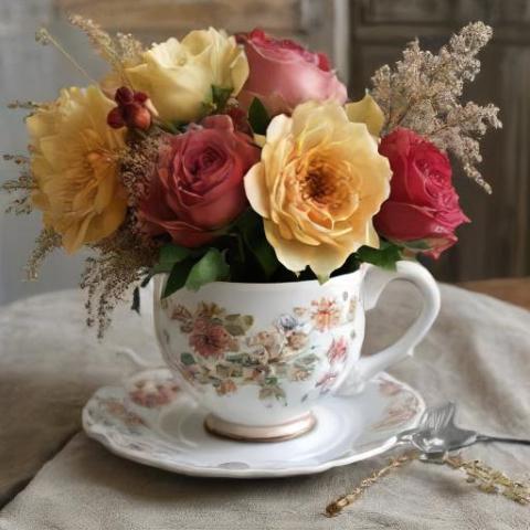 fall flowers in a porcelain tea cup