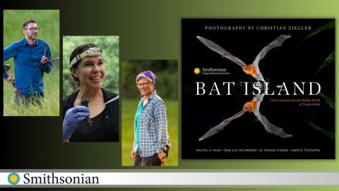 scientists standing alongside the book with bats on it