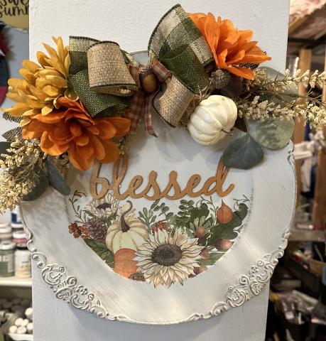 fall wreath with the word 'blessed' in the center