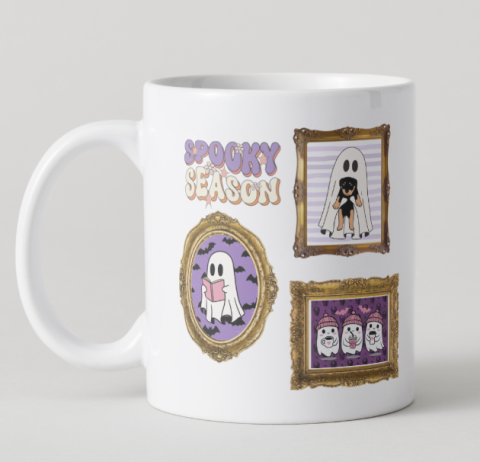 mug with frames with ghosts in them - text on mug reads "Spooky Season"
