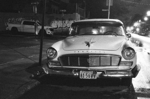 Black & white photo of car in Brooklyn