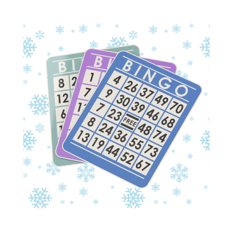 3 bingo board with snowflakes behind them