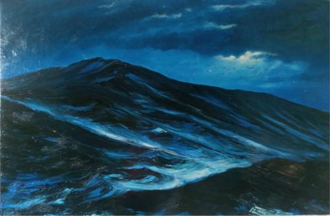 Peter Russo's painting of North Atlantic ocean, mountain background
