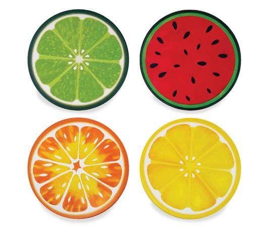 Round coasters with the design of a watermelon, lemon, lime, and orange