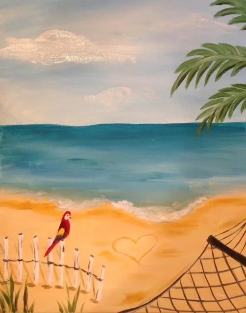 beach scene with parrot on fence