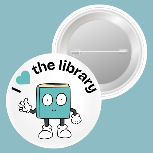 button badge example with I Heart the Library text and book graphic