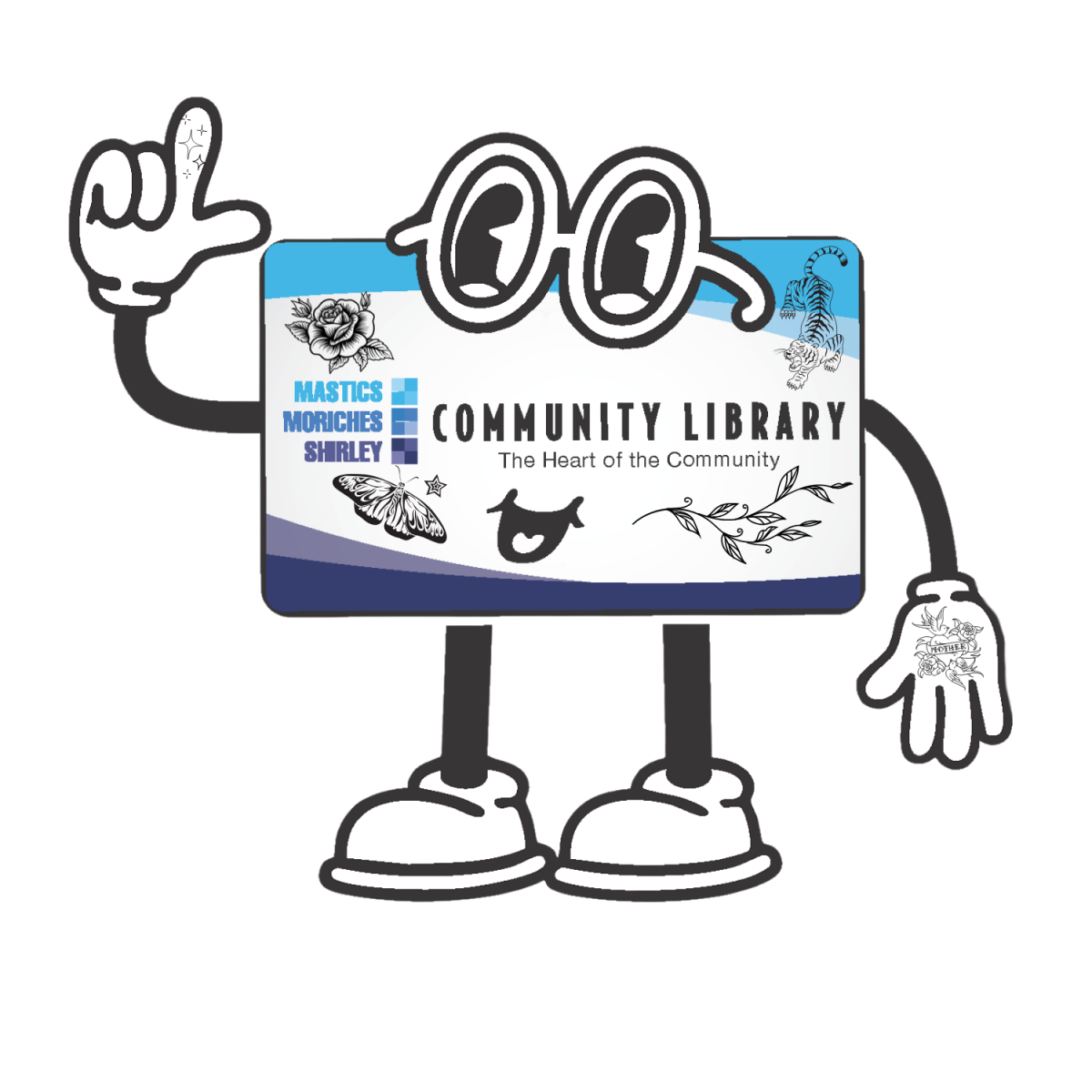 Ricardo, our library card mascot adorned with black ink tattoos